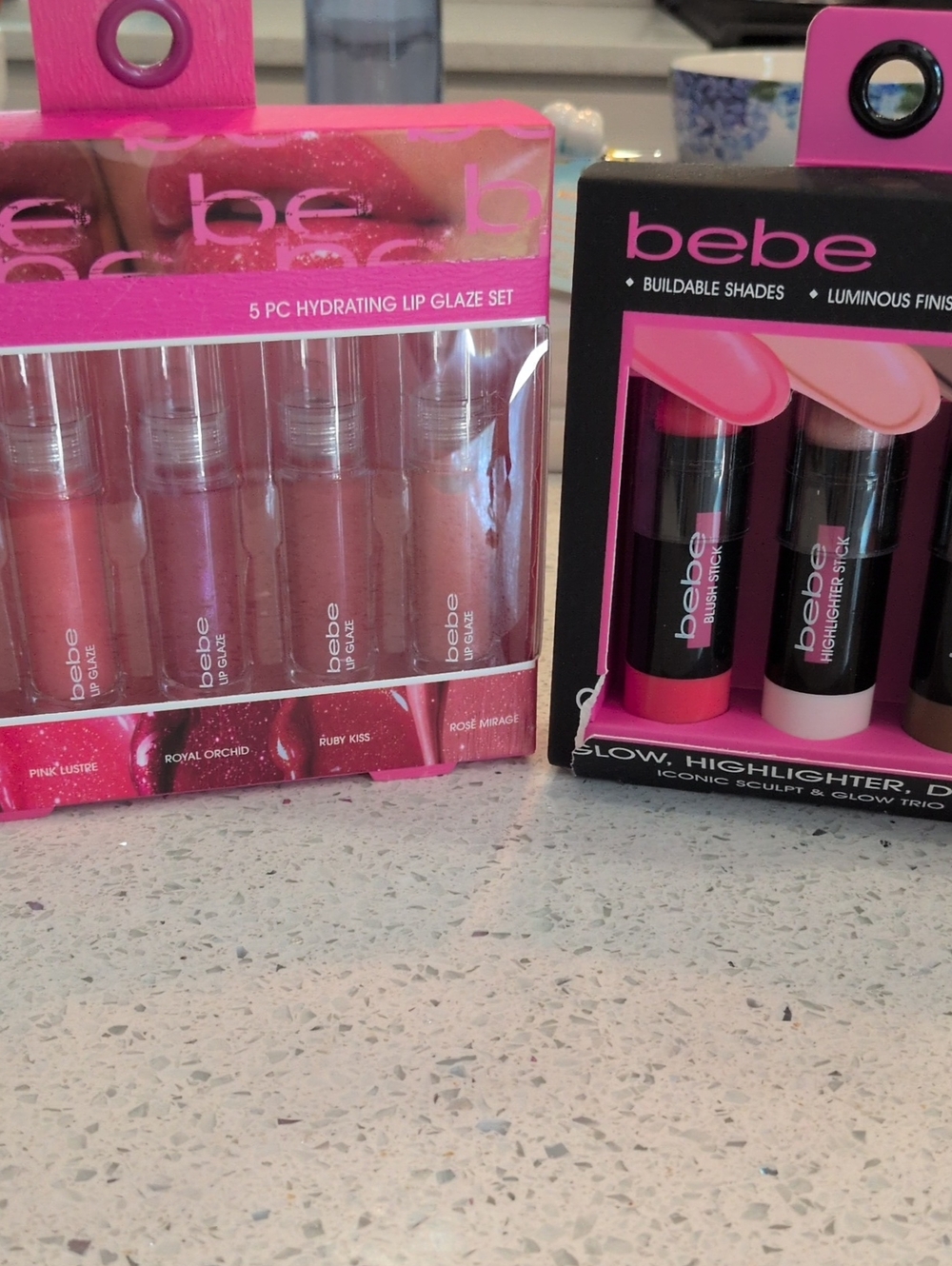 bebe Pink Lip Glaze Qty 5  &3  Highlight Stick Set Blush, Bronzer